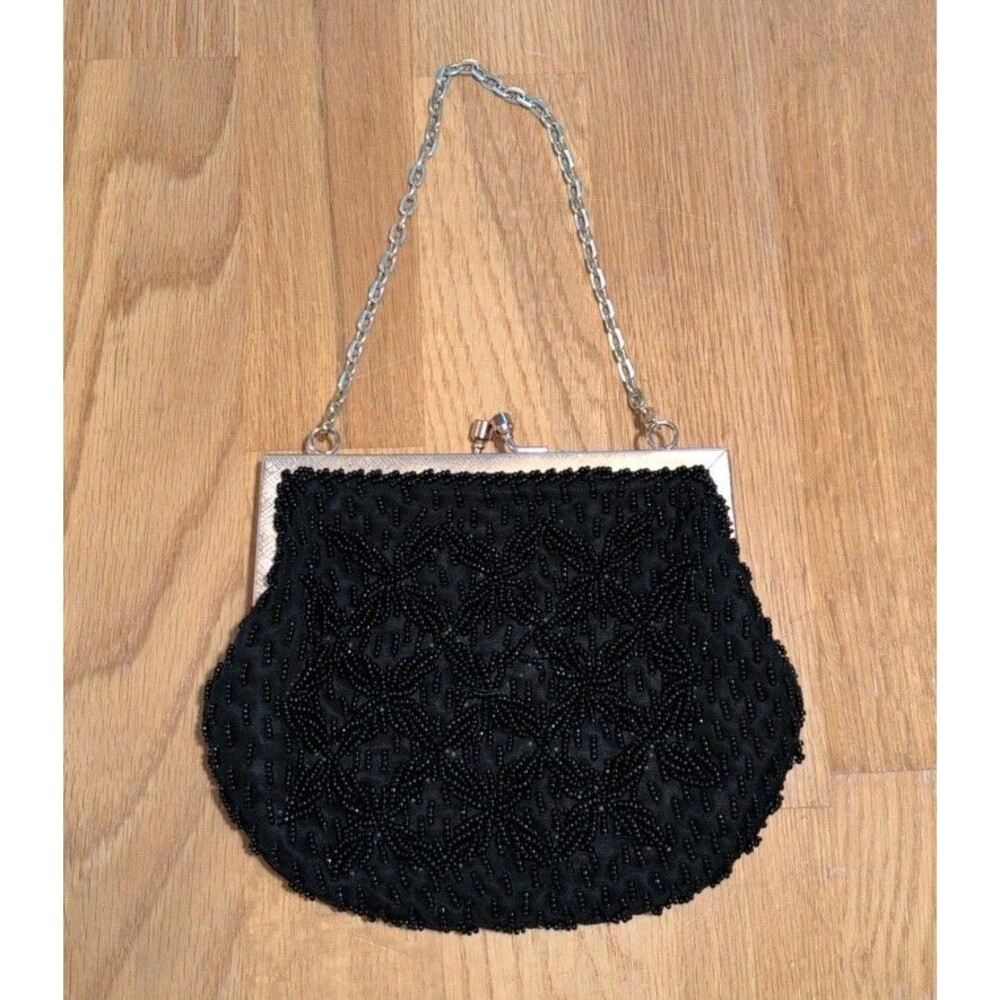 Vintage Mister Ernest Black Beaded Evening Bag Clutch Purse Gold Chain  50/60s